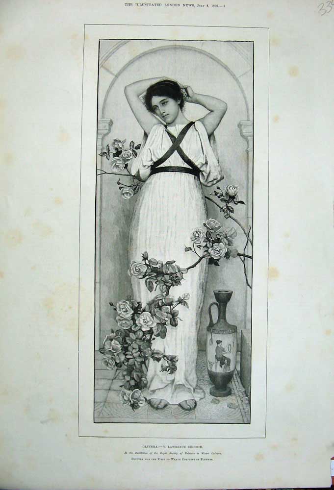 Original Old Antique Print 1896 Portrait Beautiful Woman Glycera Bulleid 19th
