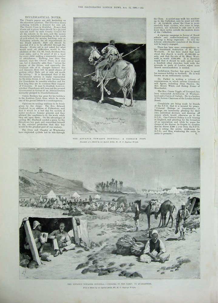 Original Old Antique Print 1896 Dongola Cossack Post War Camp Sport Camel Army