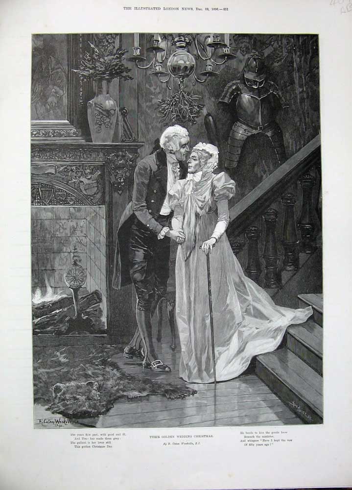 Original Old Antique Print 1896 Gen Wedding Christmas Street Music Man Art