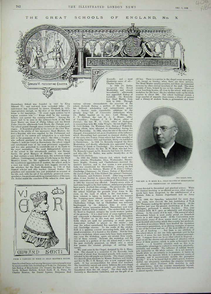 Old Antique Print 1896 Moss Hereford Schools Shrewsbury Library Cricket 19th