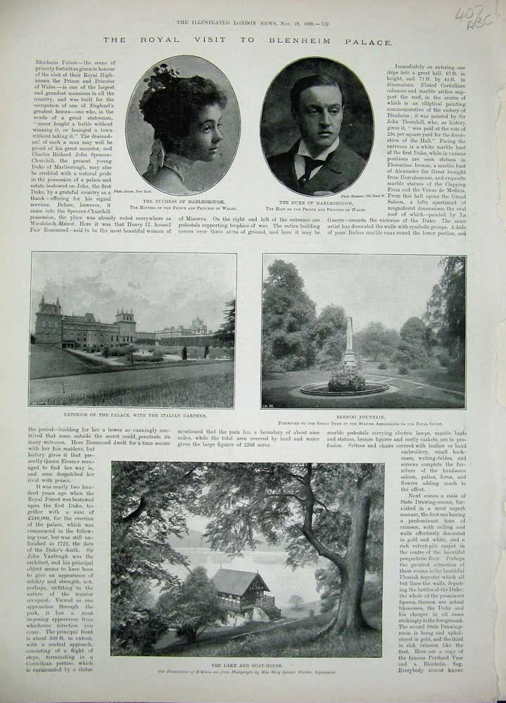 Old Antique Print 1896 Blenheim Palace Marlborough Fountain Horses Boat 19th