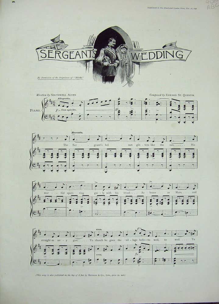 Old Antique Print 1896 Sergeants Wedding Sheet Music Lyrics Words Melody 19th