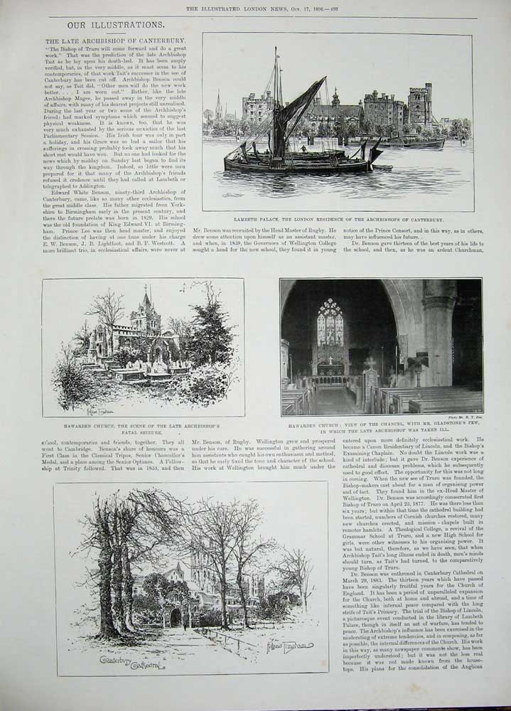 Old Antique Print 1896 Archbishop Canterbury Benson Lambeth Hawarden Pew 19th