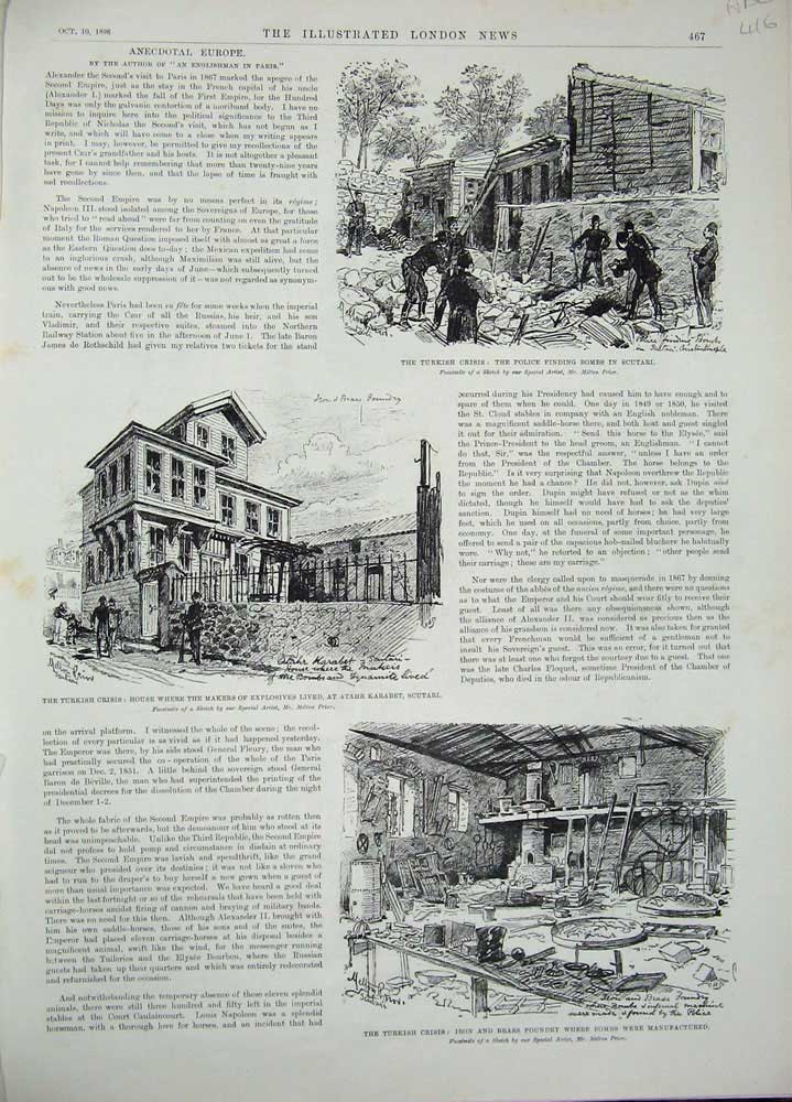 Antique Old Print 1896 Turkey Bombs Scutari Kassim Pasha Dongola Boat War 19th