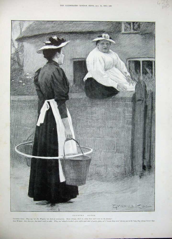 Original Old Antique Print 1896 Lady Bucket Wall Country Men Digging Fine Art