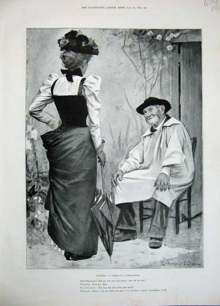Original Old Antique Print 1896 Country Farm House Man Ladies Zoo Animals Art