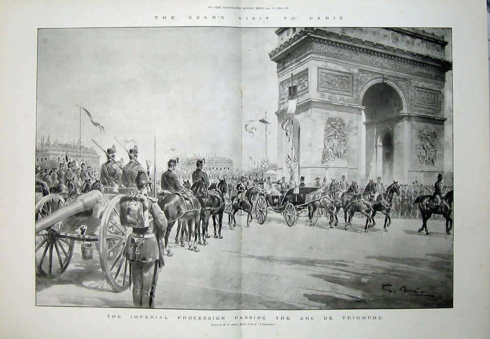 Old Antique Print 1896 Imperial Procession Arc De Triomphe France Horses 19th