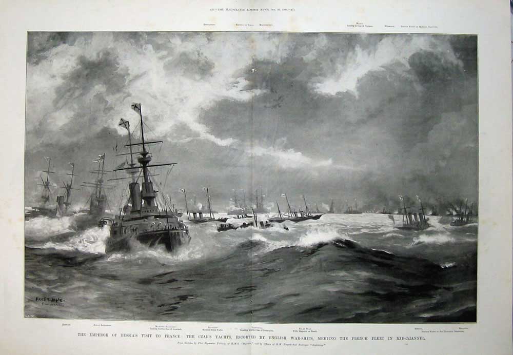 Antique Old Print 1896 Emperor Russia France Czar Yachts War Ship Channel 19th