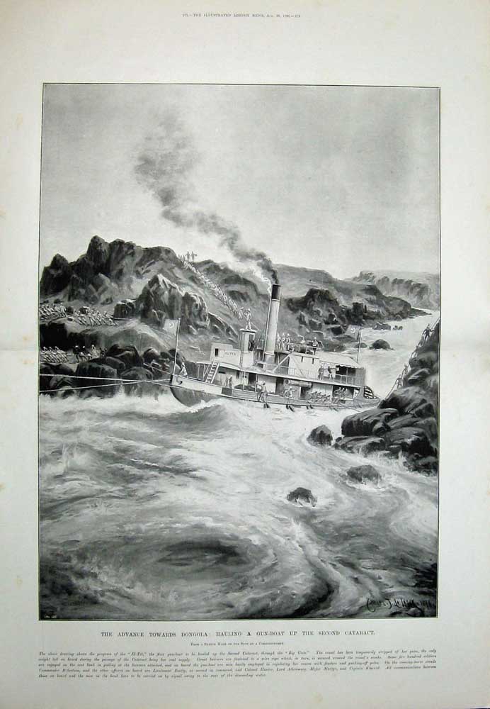 Old Antique Print 1896 Dongola War Hauling Gun-Boat Second Cataract Ship 19th