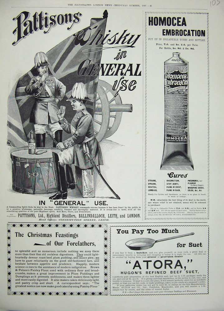 Original Old Antique Print 1897 Advertisement Suet Homocea Embrocation Whisky
