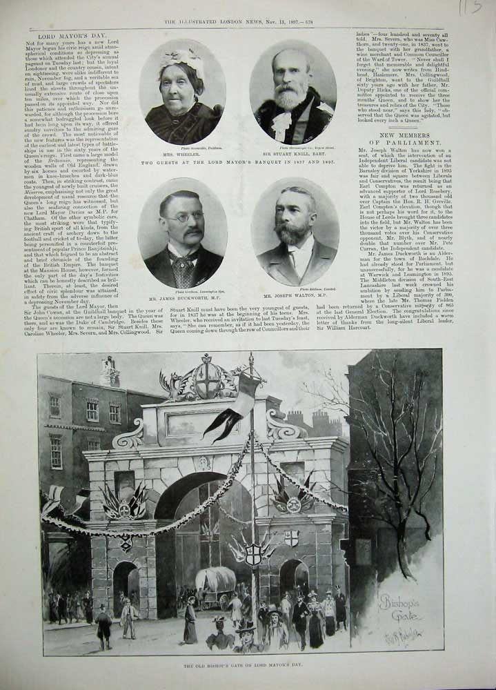 Old Antique Print 1897 Bishop'S Gate Lord Mayor Duckworth Wheeler Walton 19th