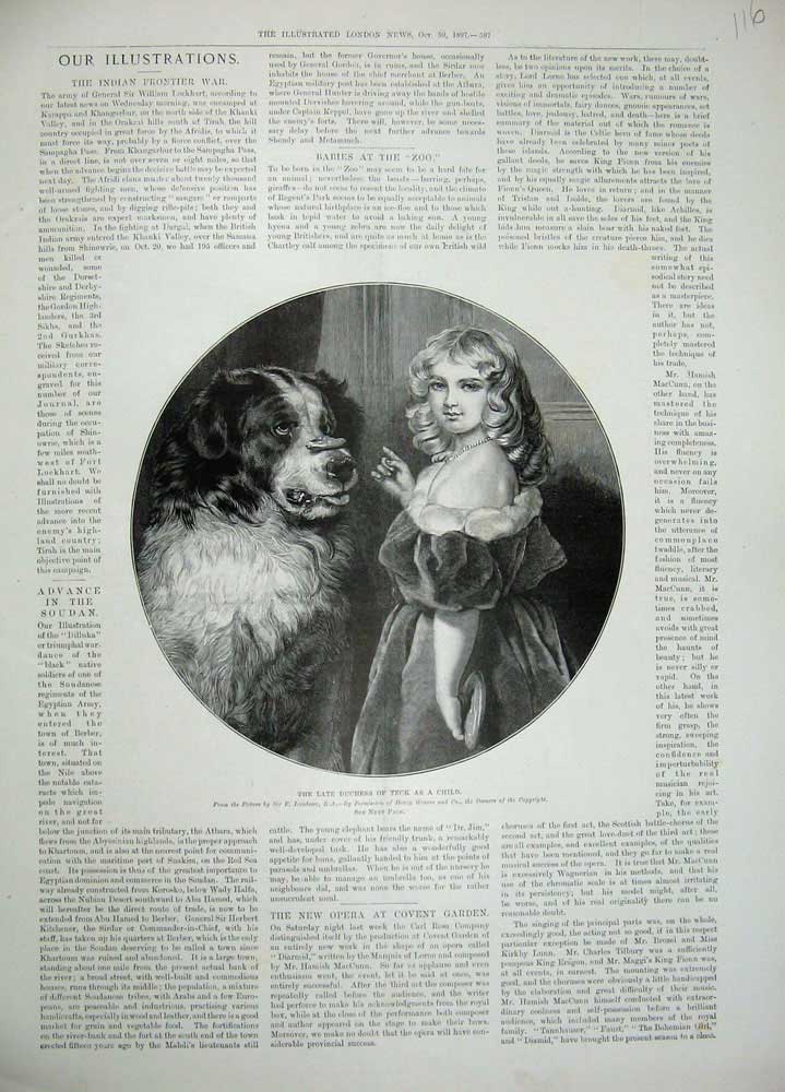 Old Antique Print 1897 Portrait Duchess Teck Little Girl Pet Dog Landseer 19th