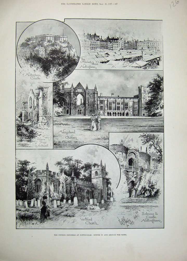 Original Old Antique Print 1897 Church Nottingham Newstead Abbey Castle Wilford