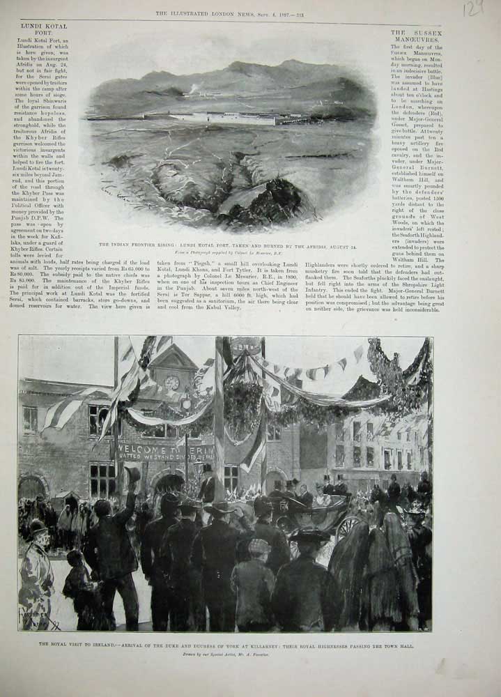 Old Antique Print 1897 India Lundi Kotal Fort Ireland Killarney Duke York 19th