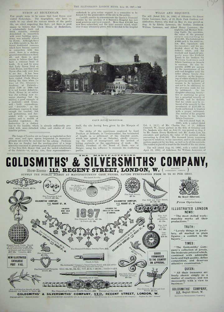 Original Old Antique Print 1897 Clock House Beckenham Advertisement Jewellery