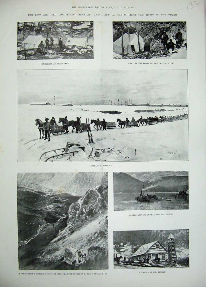 Original Old Antique Print 1897 Klondike GMining Church Juneau Dawson Chilkoot