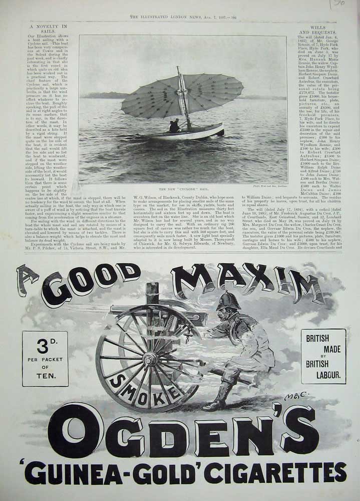 Old Antique Print 1897 Cyclone Sail Boat Ogdens Cigarettes Advertisement 19th