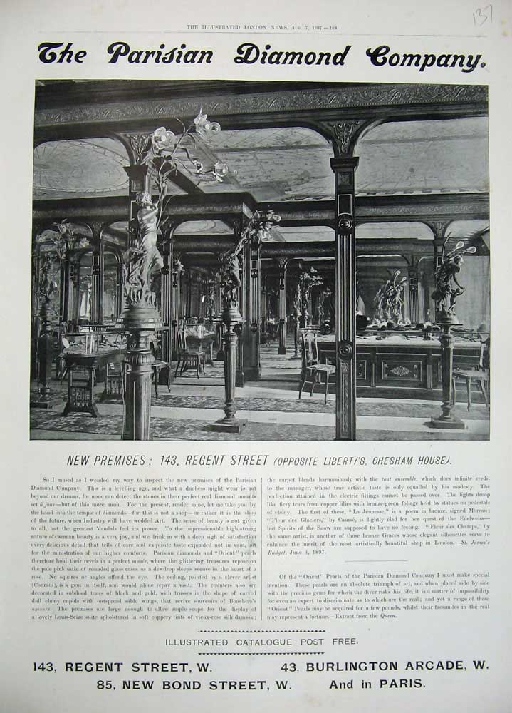 Original Old Antique Print 1897 Pariaian Diamond Comapany London Paris Regents
