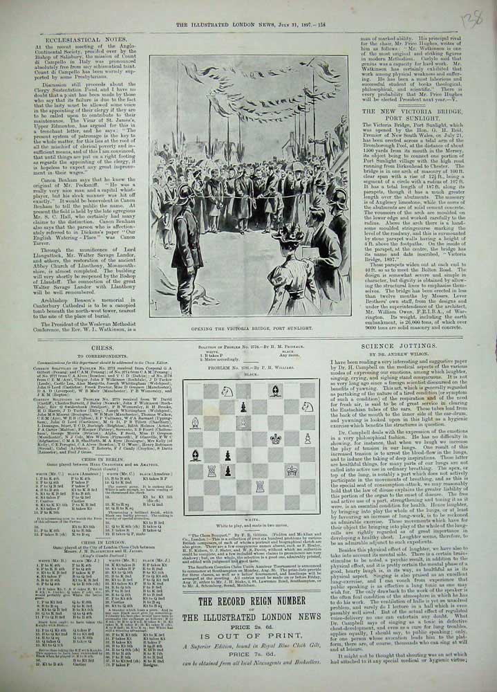 Original Old Antique Print 1897 Victoria Bridge Port Sunlight Chess Board Game
