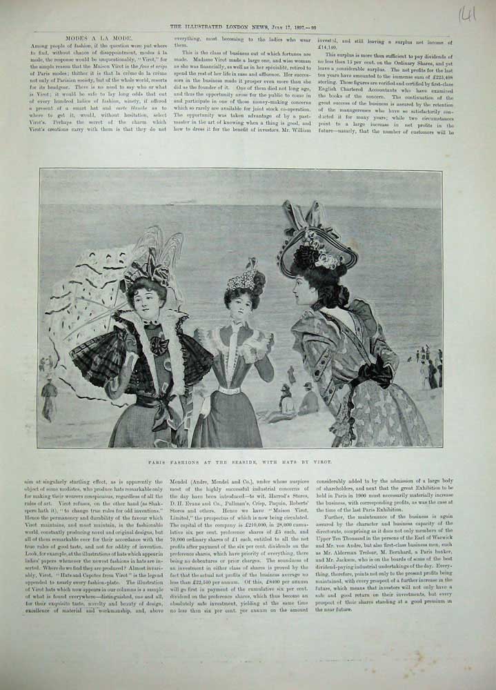 Original Old Antique Print 1897 Paris Womens Fashion Seaside Hats Virot Ladies