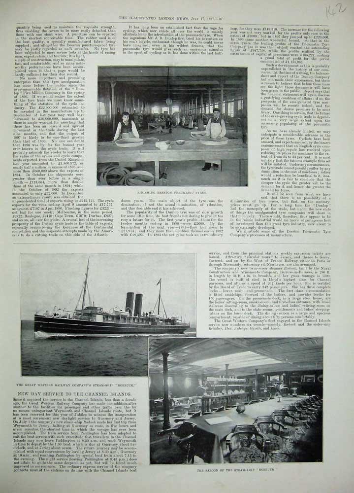 Old Antique Print 1897 Beeston Pneumatic Tyres Steam Ship Roebuck Western 19th