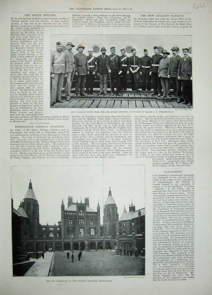 Old Antique Print 1897 New Zealand Rifle Men Bisley Hospital Birmingham 19th
