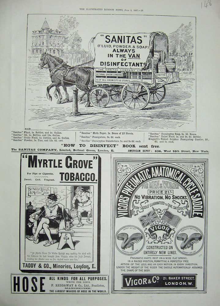 Old Antique Print 1897 Advertisement Sanitas Disinfectant Tobacco Bicycle 19th