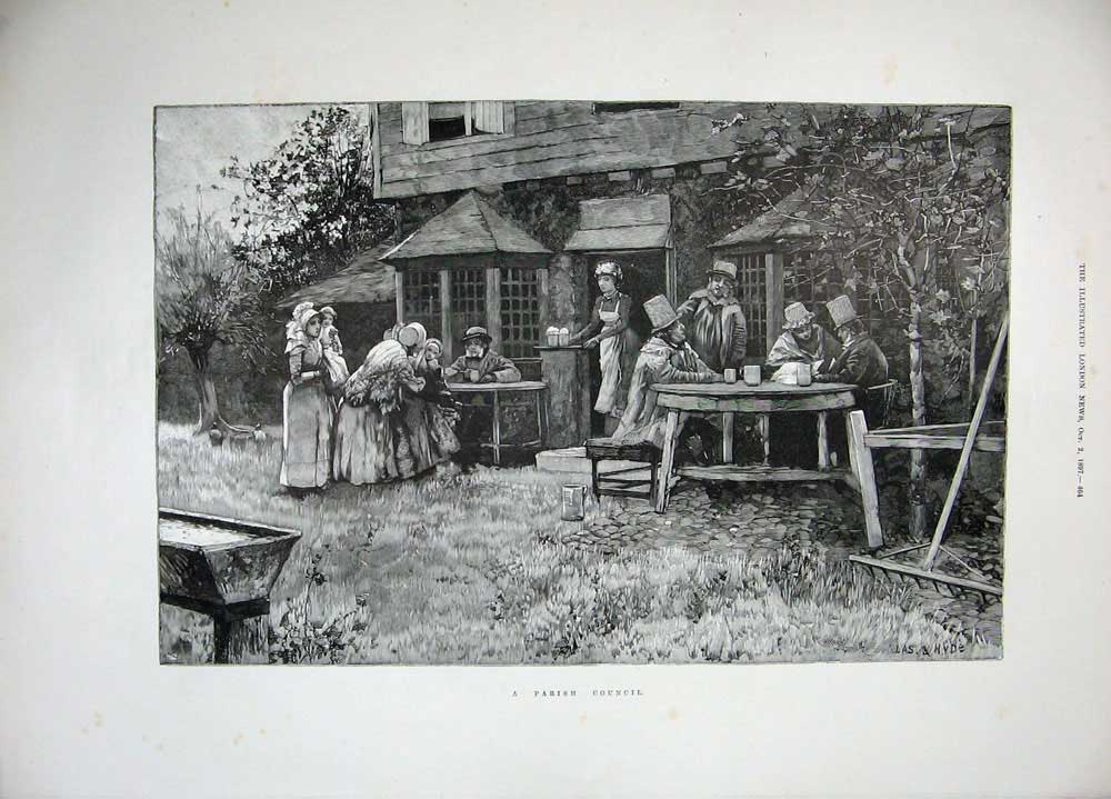 Old Antique Print 1897 Klondike Chilkoot Pass Parish Council Beer Table 19th