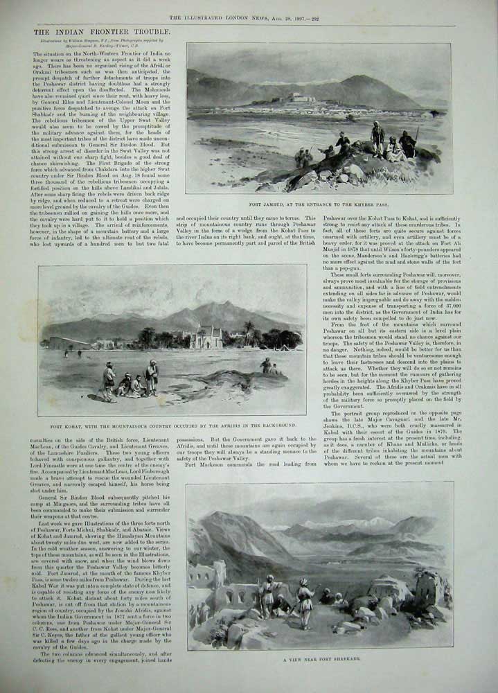 Old Antique Print 1897 Falls Dargle Powerscourt House Fort Jumrud Kohat 19th
