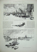 Original Old Antique Print 1897 London Bridge Charing Cross Waterloo Cleopatra