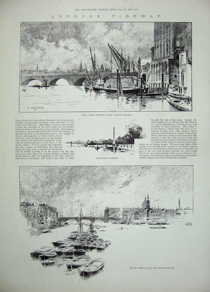 Original Old Antique Print 1897 London Bridge Charing Cross Waterloo Cleopatra