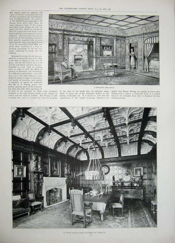 Original Old Antique Print 1897 Messrs Waring'S House Sheraton Bed-Room Tudor