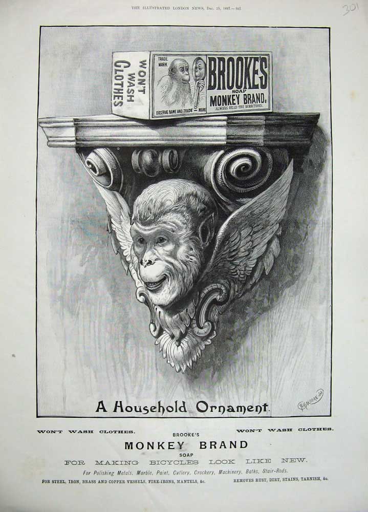 Old Antique Print 1897 Advertisement Monkey Brand Soap Cleaning Washing 19th