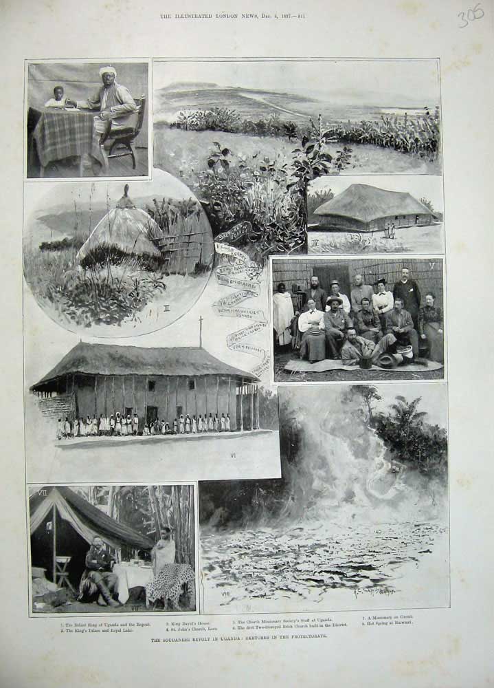 Original Old Antique Print 1897 Soudanese Revolt Uganda Church Loro King Spring
