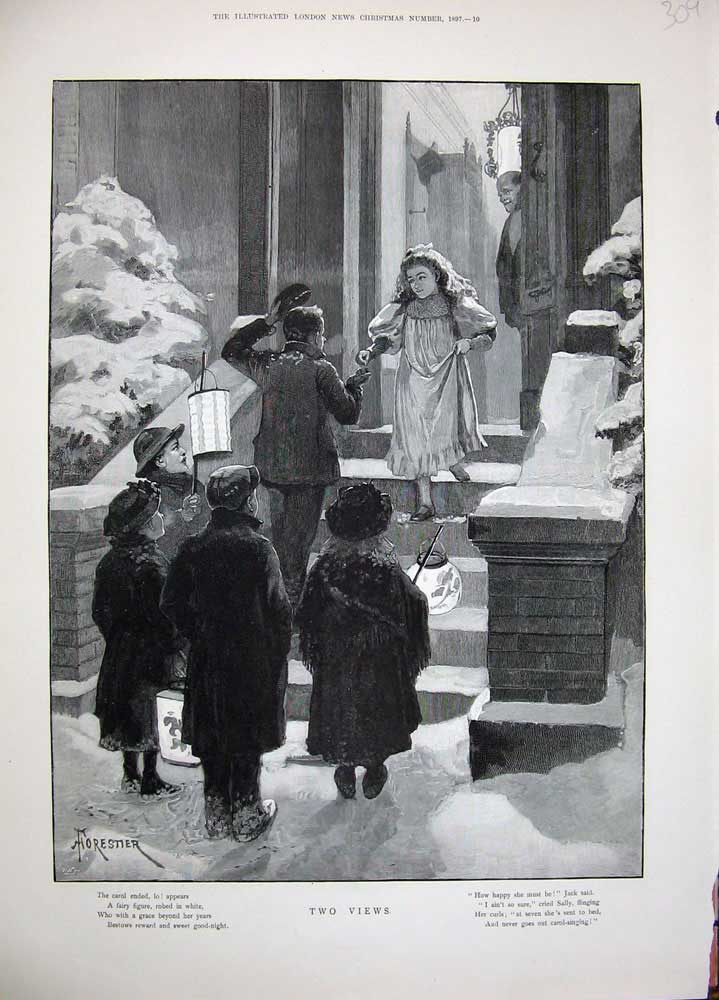 Old Antique Print 1897 Forestier Fine Art Snow Christmas Carols Children 19th
