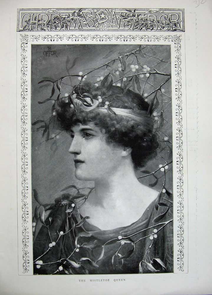 Original Old Antique Print 1897 Portrait Mistletoe Queen Christmas Lady 19th