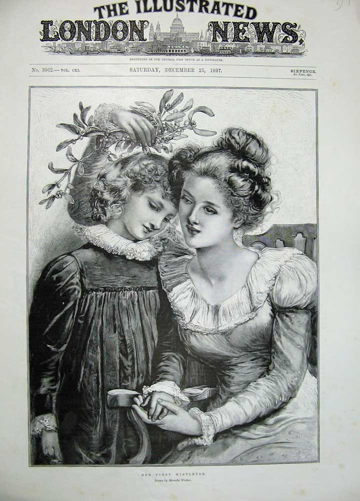 Original Old Antique Print 1897 Mother Little Girl Christams Misteltoe Walker