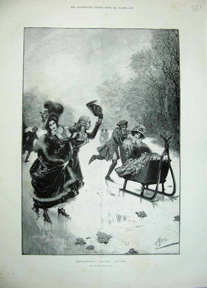 Original Old Antique Print 1897 Men Women Ice Sledge Skating Winter Country