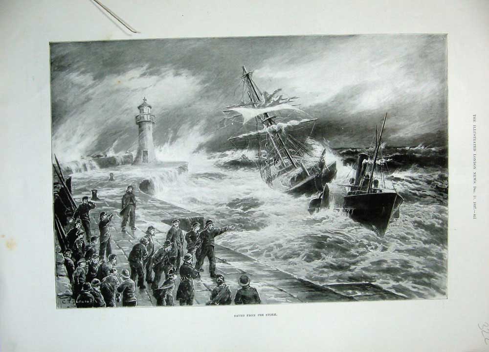 Old Antique Print 1897 Davidson Fine Art Sea Storm Sail Ship Lighthouse 19th
