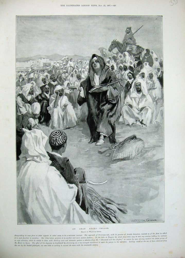 Original Old Antique Print 1897 Arab Story Teller People Costumes Warwick Goble