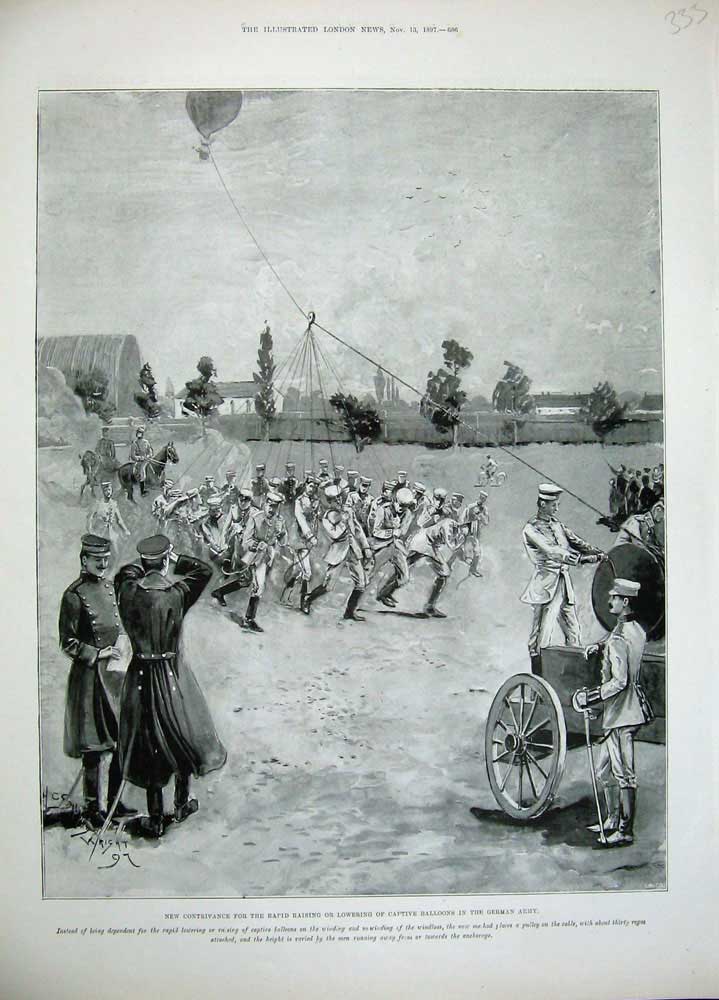 Original Old Antique Print 1897 Lowering Captive Balloons German Army Men War