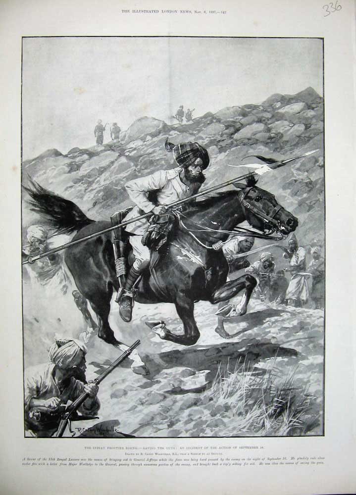 Old Antique Print 1897 Inidan Frontier Man Horse Guns War Woodville Art 19th