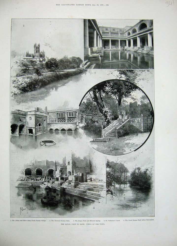 Old Antique Print 1897 Bath Abbey River Roman Bath Mineral Spring Court 19th