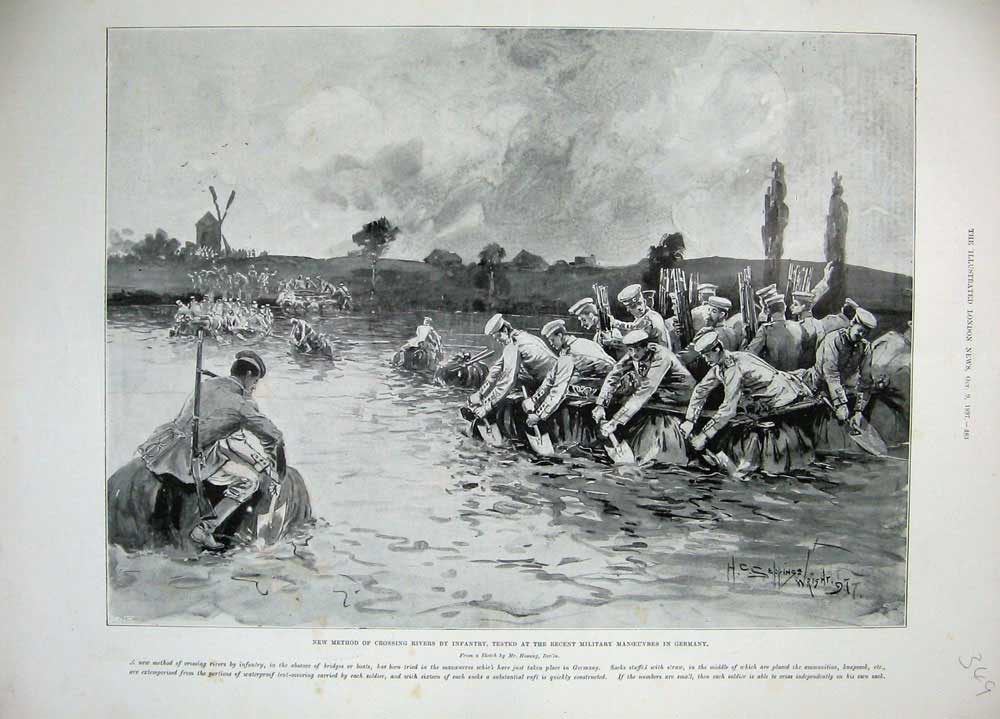 Old Antique Print 1897 Crossing River Infantry Military Manoeuvre Germany 19th