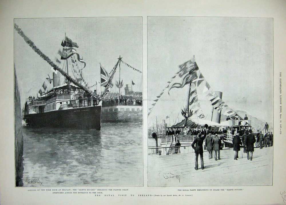 Old Antique Print 1897 Royal Visit Ireland York Dock Belfast Ship Donard 19th