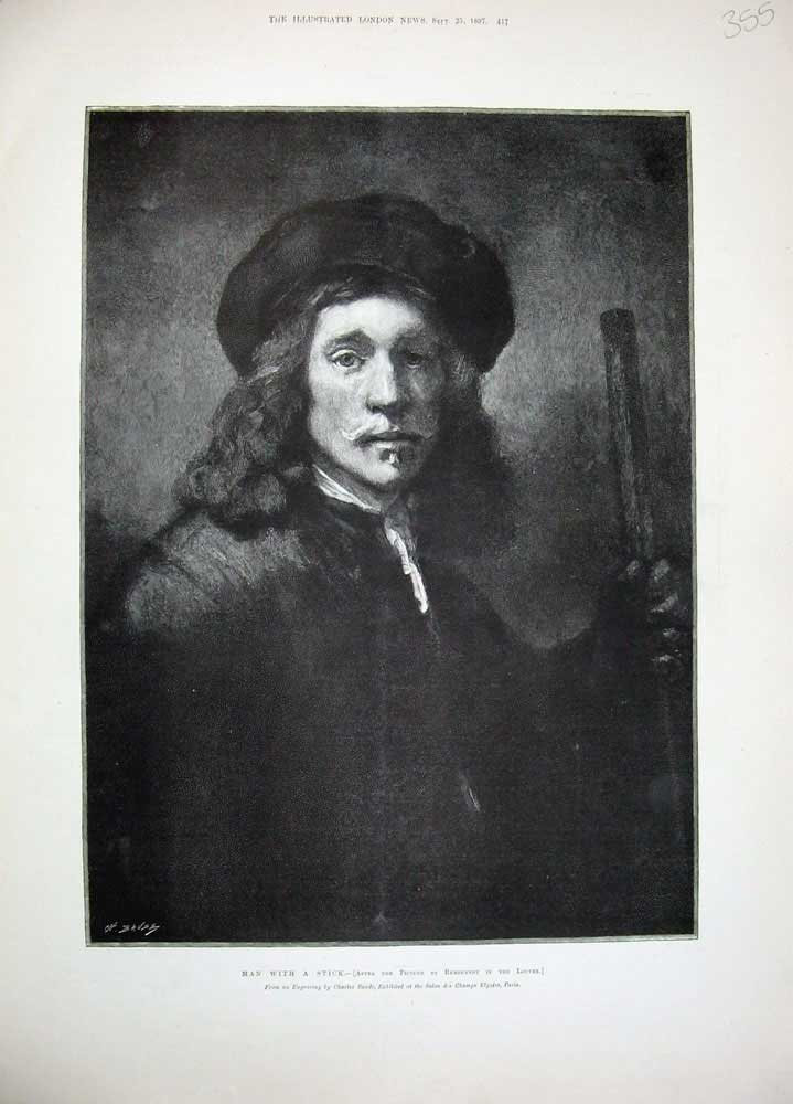 Original Old Antique Print 1897 Fine Art Portrait Man With A Stick Rembrandt