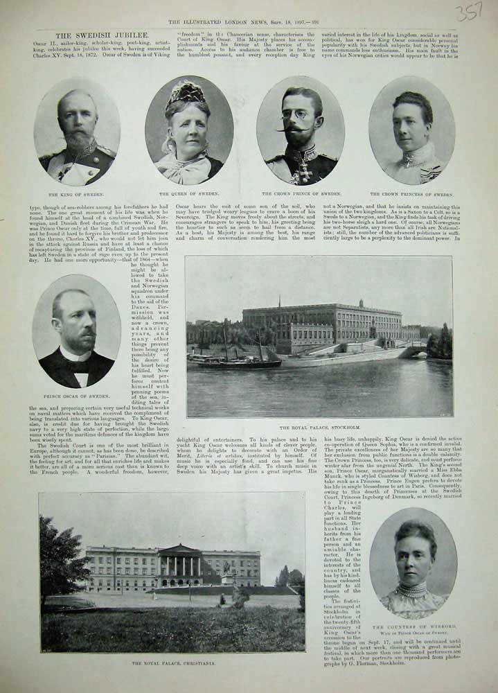 Old Antique Print 1897 Palace Stockholm Sweden Oscar Christiania Wisborg 19th