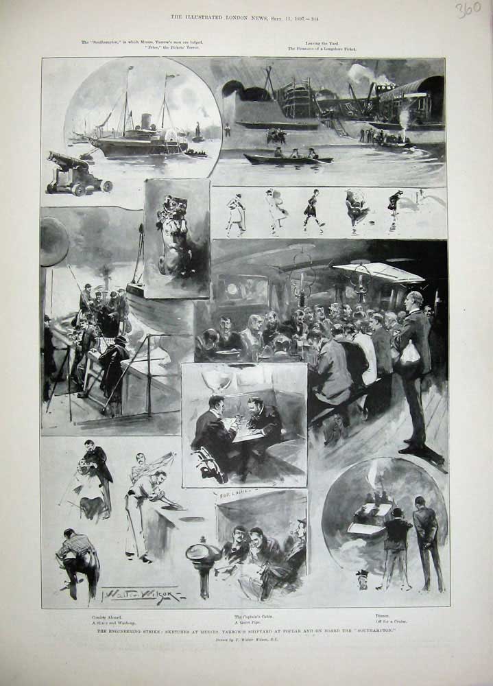 Old Antique Print 1897Engineering Strike Yarrow Shipyard Ship Southampton 19th