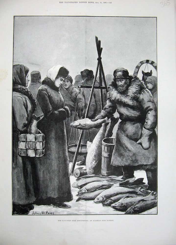 Original Old Antique Print 1897 Klondike GDiscoveries Alaskan Fish Market Art