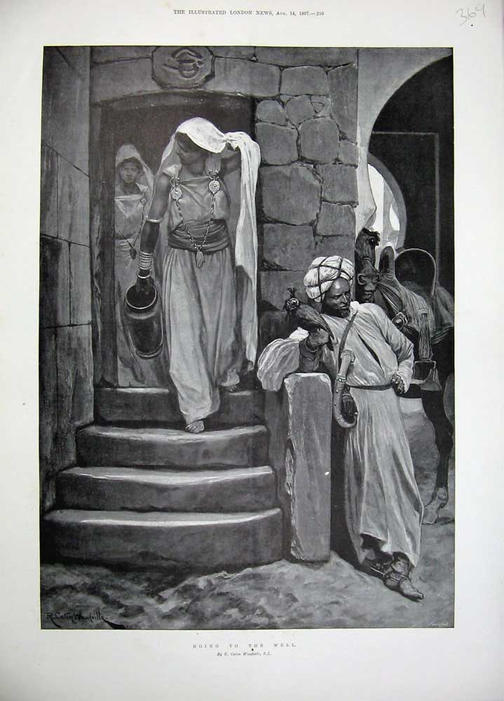 Old Antique Print 1897 Canton Woodville Men Going To The Well Water Art 19th